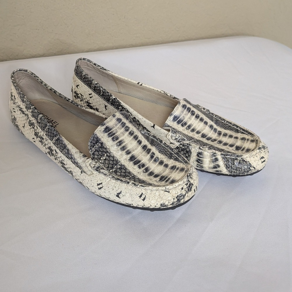 Michael Kors White & Black Snake-Print Leather Loafers